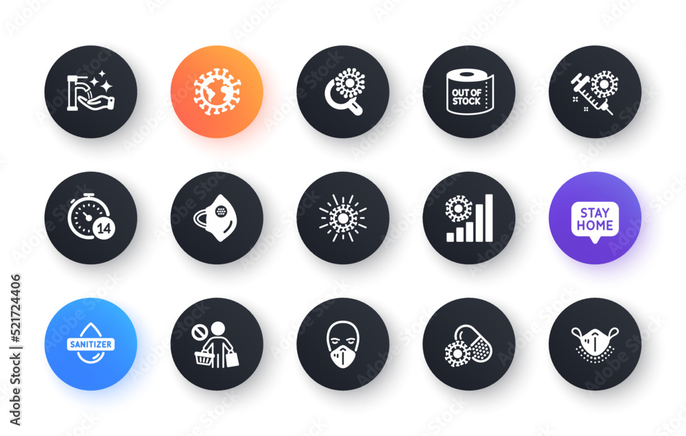 Coronavirus icons set. Medical protective mask, no vaccine, hands sanitizer. Stay home, washing hands hygiene, coronavirus epidemic mask icons. Covid-19 virus pandemic, toilet paper panic. Vector Coronavirus icons set. Medical protective mask, no vaccine, hands sanitizer. Stay home, washing hands hygiene, coronavirus epidemic mask icons. Covid-19 virus pandemic, toilet paper panic. Vector