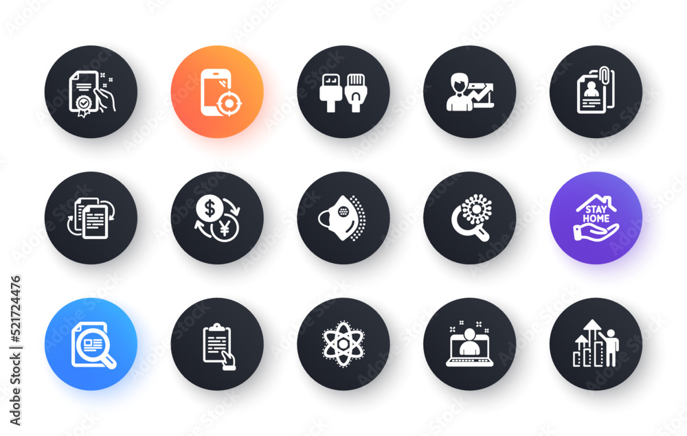 Minimal set of Medical mask, Best manager and Bureaucracy flat icons for web development. Computer cables, Stay home, Clipboard icons. Chemistry atom, Certificate. Circle buttons with icon. Vector Minimal set of Medical mask, Best manager and Bureaucracy flat icons for web development. Computer cables, Stay home, Clipboard icons. Chemistry atom, Certificate. Circle buttons with icon. Vector