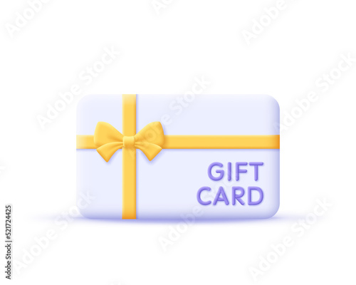 3d gift card with ribbon icon. Render gift certificate for promotion strategy, gift voucher and discount coupon concept. 3d plastic card vector cartoon minimal illustration