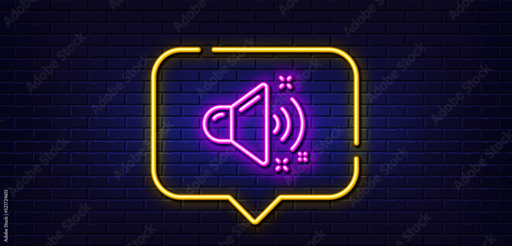 Neon light speech bubble. Loud sound line icon. Music sound sign. Musical device symbol. Neon light background. Loud sound glow line. Brick wall banner. Vector Neon light speech bubble. Loud sound line icon. Music sound sign. Musical device symbol. Neon light background. Loud sound glow line. Brick wall banner. Vector
