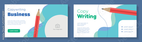 Copywriting business online banner template set, copy writer advertisement sign, blogger pencil horizontal ad, storyteller content marketing post, creative brochure, isolated on background