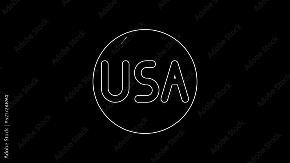 White line USA label icon isolated on black background. United States of America. 4K Video motion graphic animation White line USA label icon isolated on black background. United States of America. 4K Video motion graphic animation