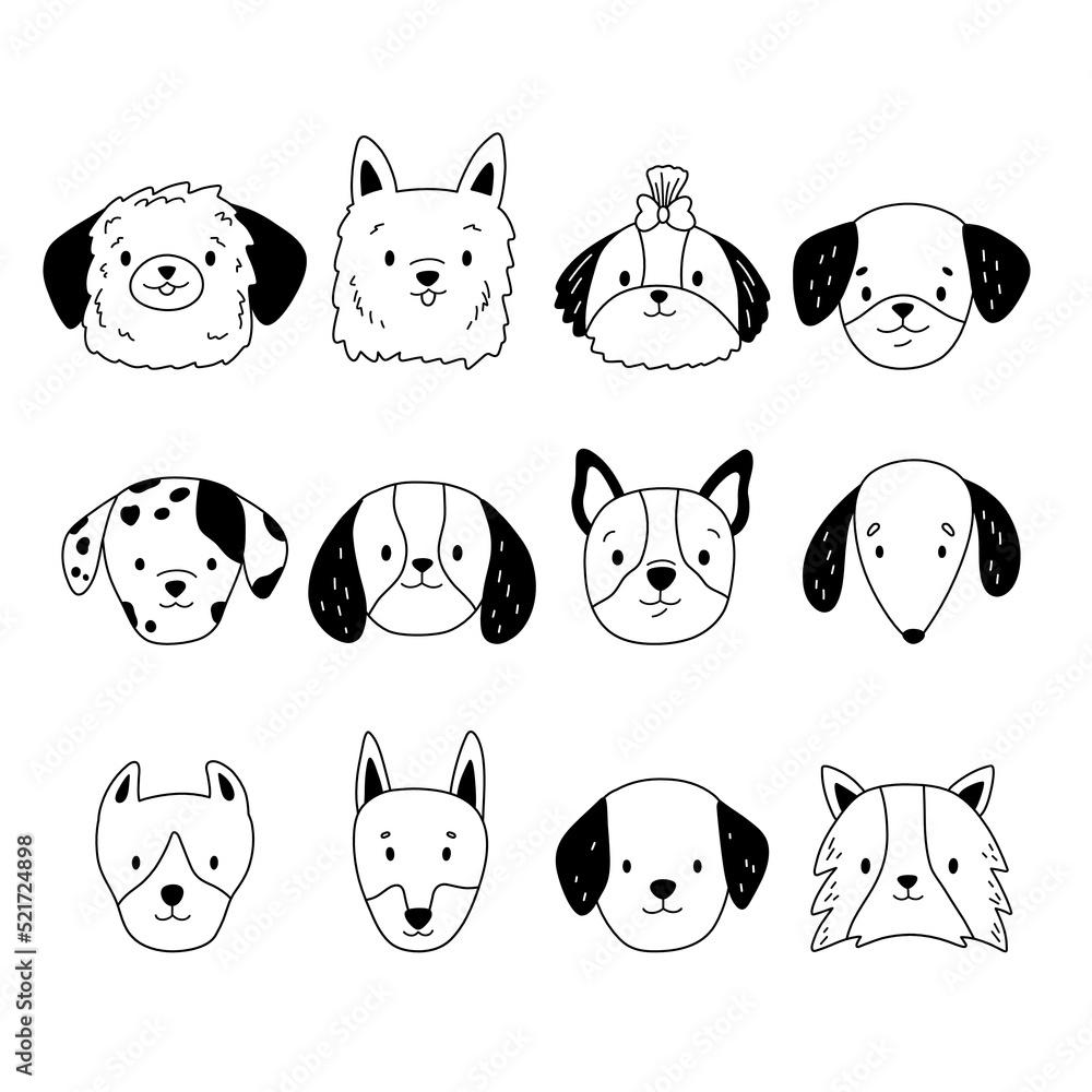 Doodle set of dogs heads. Cartoon pets. Different breeds of dogs. Hand ...