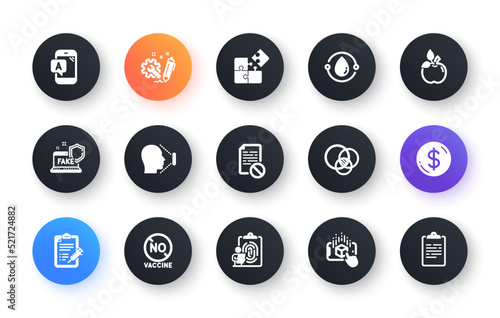 Minimal set of Engineering, No vaccine and Ab testing flat icons for web development. Eco food, Face id, Wrong file icons. Cold-pressed oil, Vaccine report, Euler diagram web elements. Vector