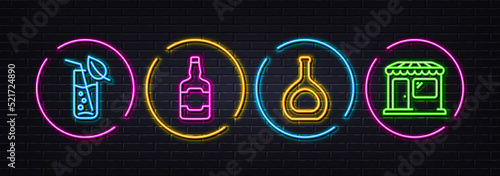 Water glass, Whiskey bottle and Cognac bottle minimal line icons. Neon laser 3d lights. Market icons. For web, application, printing. Soda drink, Scotch alcohol, Brandy alcohol. Store. Vector