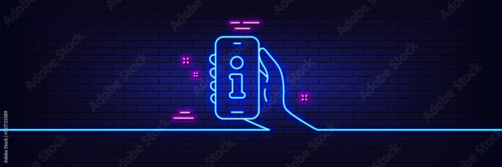 Neon light glow effect. Support line icon. Phone information sign. Smartphone info symbol. 3d line neon glow icon. Brick wall banner. Support outline. Vector Neon light glow effect. Support line icon. Phone information sign. Smartphone info symbol. 3d line neon glow icon. Brick wall banner. Support outline. Vector