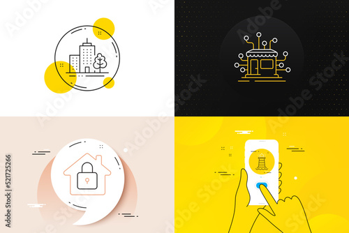 Minimal set of Skyscraper buildings, Distribution and Lighthouse line icons. Phone screen, Quote banners. Lock icons. For web development. Vector