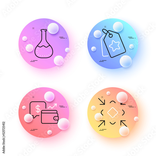 Wallet, Minimize and Loyalty tags minimal line icons. 3d spheres or balls buttons. Chemistry lab icons. For web, application, printing. Money savings, Small screen, Bonus reward. Laboratory. Vector