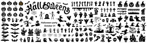 Big set of silhouettes of Halloween on a white background. Vector illustration