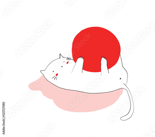 Little White Cheerful Kitten Playing With a Large Ball of Red Wool. Cute Simple Nursery Vector Art With Playfull Cat ideal for Card, Wall Art, Poster. Lovely Hand Drawn Illustration for Cat Lovers.