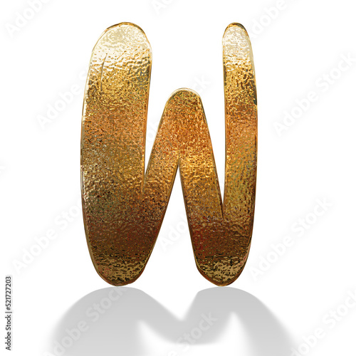 3d gold metal letter W with shadow isolated white background