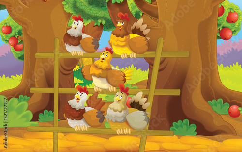 Fototapeta Naklejka Na Ścianę i Meble -  cartoon scene with chicken on the farm in the garden illustration for children