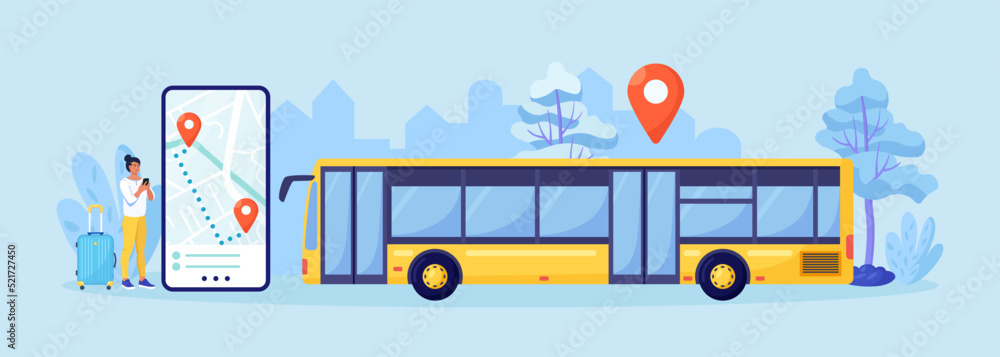 Woman buying bus ticket online with smartphone application. Female passenger with luggage planning trip online. Mobile booking service for tourism and vacation. Public transport route around town