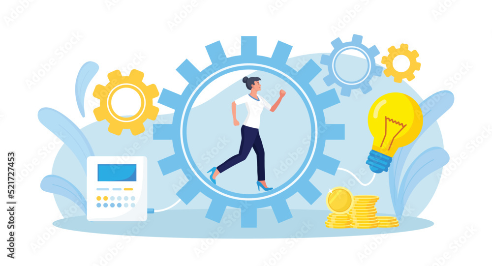 Business woman running in gear wheels, generate creative business idea. Employee inside cogwheel in hurry develop innovation or startup. Leader reach goal, power of motivation. Hard work and success Business woman running in gear wheels, generate creative business idea. Employee inside cogwheel in hurry develop innovation or startup. Leader reach goal, power of motivation. Hard work and success