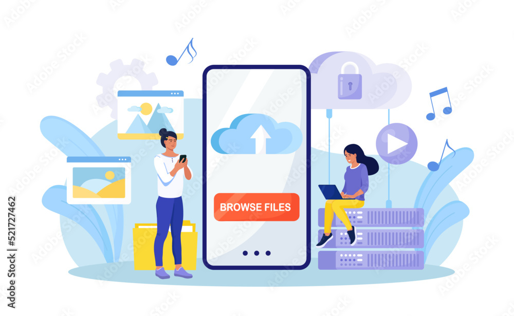 Cloud computing. People storing data on cloud server, processing data. Web hosting, online database. Download files. Mobile cloud storage app on smartphone screen. Vector design Cloud computing. People storing data on cloud server, processing data. Web hosting, online database. Download files. Mobile cloud storage app on smartphone screen. Vector design