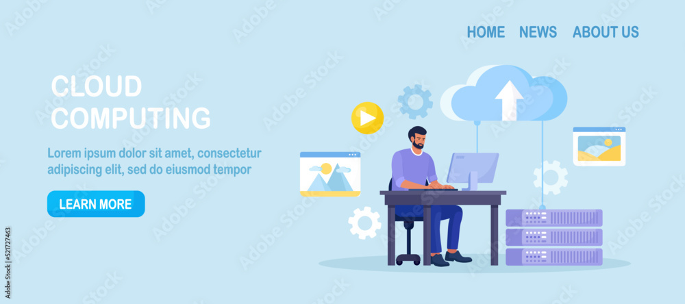 Cloud computing, online database, web hosting. People storing data and processing data on web server. Man using computer upload and download information on cloud storage. Vector design Cloud computing, online database, web hosting. People storing data and processing data on web server. Man using computer upload and download information on cloud storage. Vector design