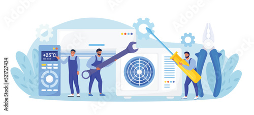Professional service for repair of air conditioners. Maintenance, installation of cooling systems. Warranty repair and cleaning,  replacement of filters. Worker with wrench, screwdriver. Vector design