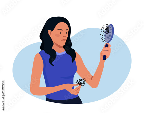 Alopecia and hair problems. Young woman looks sadly at hairbrush with strands of hair. Character feel upset because of hair loss. Lack of vitamins and important amino acids. Person in stress