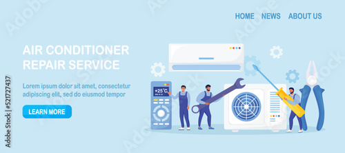 Professional service for repair of air conditioners. Maintenance, installation of cooling systems. Warranty repair and cleaning,  replacement of filters. Worker with wrench, screwdriver. Vector design