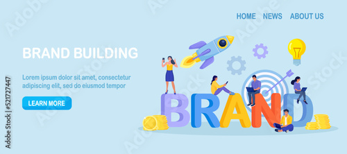 New brand. Marketing specialists creating trademark. Corporate identity, company personality development. Branding campaign, marketing strategy. Business project, start up launch Reputation management