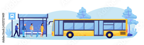 People Waiting for Autobus on Station Platform. Passengers Standing at Bus Stop. Urban Infrastructure. Woman with Luggage, Elderly Man going to Public Transport. Vector design