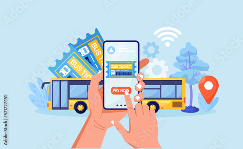 Internet service for book and buy bus ticket. Travel and tourism concept. Tourist planning trip online. Passengers buying tickets for bus in mobile app. Vector design