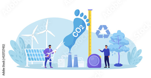 Carbon footprint as CO2 emission pollution. Human impact on planet ecosystem. Foot symbol as industrial toxic effect. Reduce dioxide greenhouse gases with alternative energy, decrease emission produce