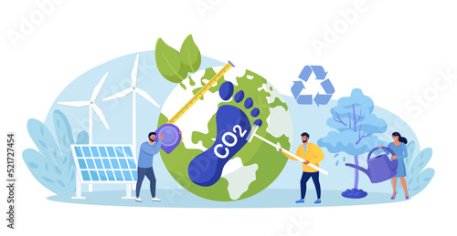 Carbon footprint as CO2 emission pollution. Human impact on ecosystem. Foot symbol as industrial toxic effect. Reduce dioxide greenhouse gases with alternative energy, plant ecological forestation