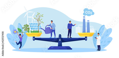 Carbon offset compensation to reduce CO2. Net zero emissions and carbon dioxide neutral balance. Scales with plants and factory. People calculate emissions from factories for zero environment strategy