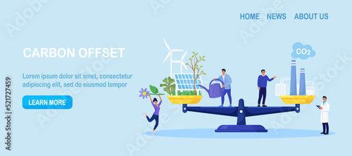 Carbon offset compensation to reduce CO2. Net zero emissions and carbon dioxide neutral balance. Scales with plants and factory. People calculate emissions from factories for zero environment strategy