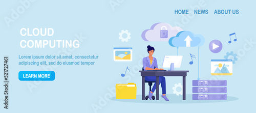 Cloud computing, online database, web hosting. People storing data and processing data on web server. Woman using computer upload and download information on cloud storage. Vector design photo