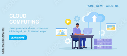 Cloud computing, online database, web hosting. People storing data and processing data on web server. Man using computer upload and download information on cloud storage. Vector design photo