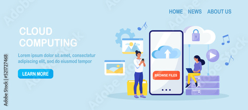 Cloud computing. People storing data on cloud server, processing data. Web hosting, online database. Download files. Mobile cloud storage app on smartphone screen. Vector design