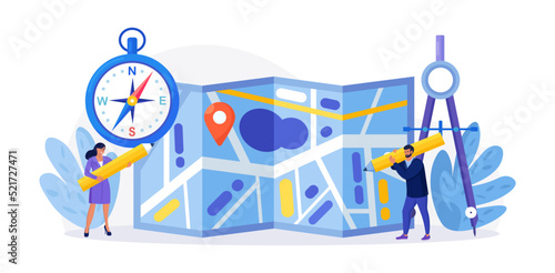 Cartography, Topography. People with Compass, Divider and Pencil Planning Tourist Route, Put Marks for Destination Points. Characters Orienteering at Huge Paper Map, Searching Way. Geography concept