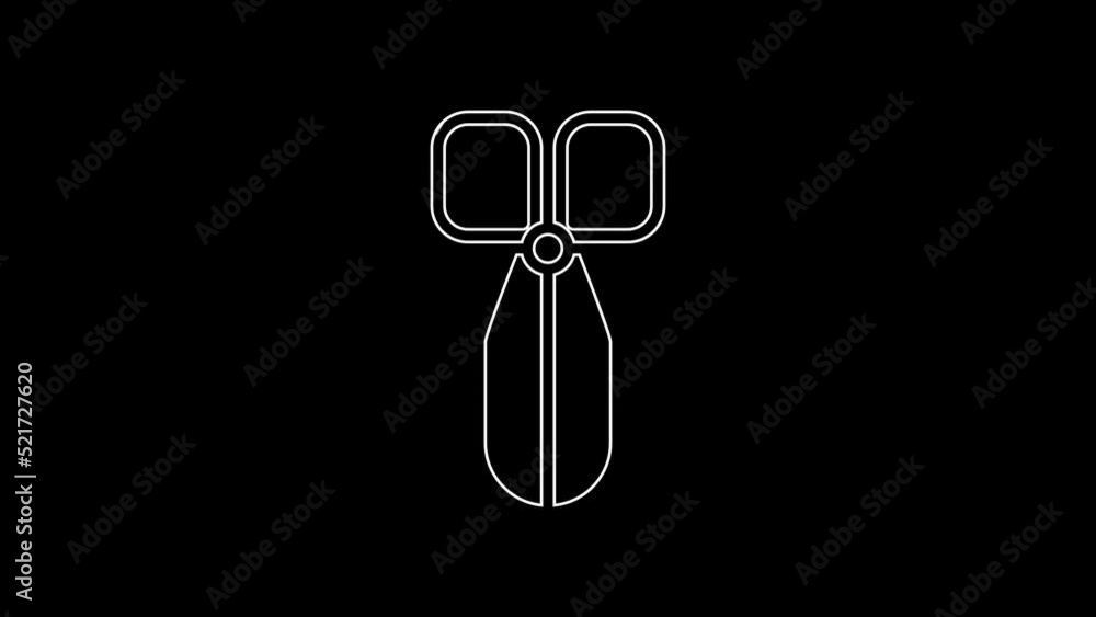 White line Scissors icon isolated on black background. Cutting tool sign. 4K Video motion graphic animation White line Scissors icon isolated on black background. Cutting tool sign. 4K Video motion graphic animation