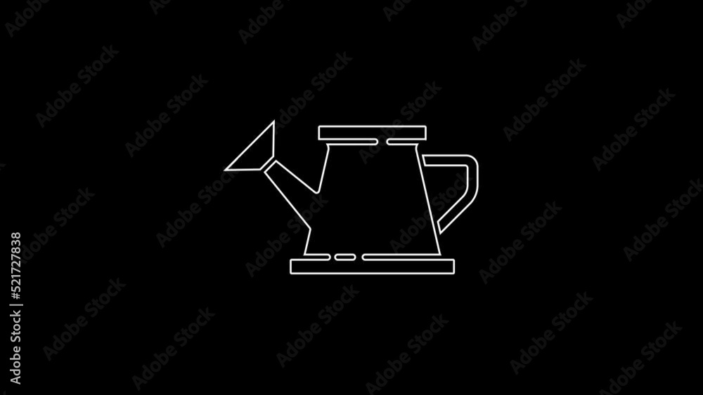 White line Watering can icon isolated on black background. Irrigation symbol. 4K Video motion graphic animation White line Watering can icon isolated on black background. Irrigation symbol. 4K Video motion graphic animation
