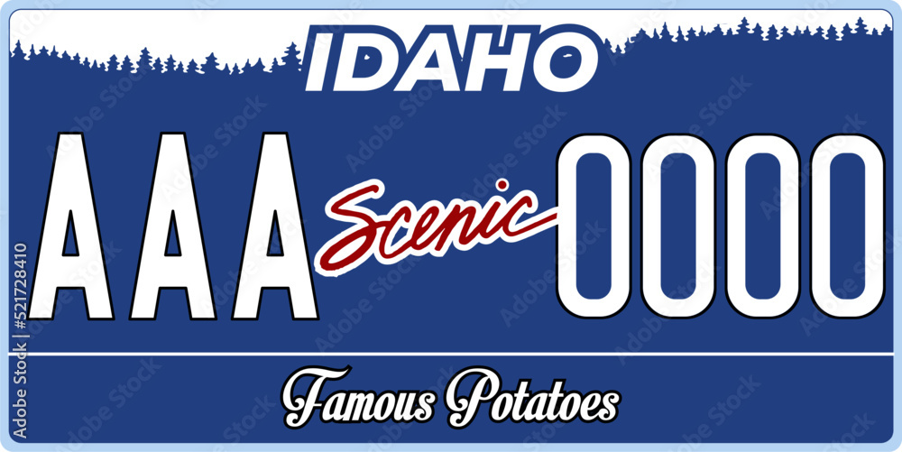 Vehicle license plates marking in Idaho in United States of America, Car plates.Vehicle license numbers of different American states.Vintage print for tee shirt graphics,sticker and poster Vehicle license plates marking in Idaho in United States of America, Car plates.Vehicle license numbers of different American states.Vintage print for tee shirt graphics,sticker and poster