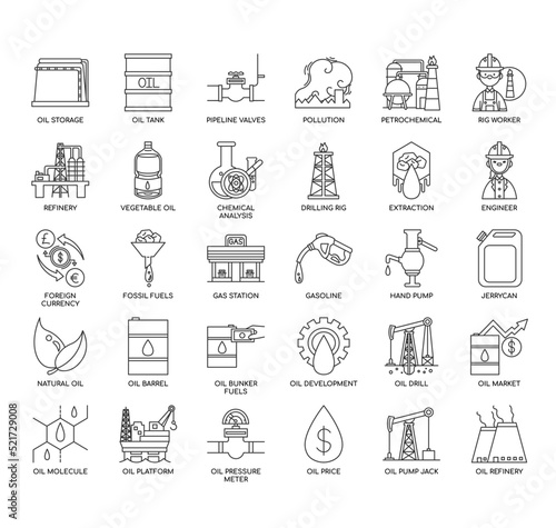 Set of oil industry thin line icons for any web and app project.