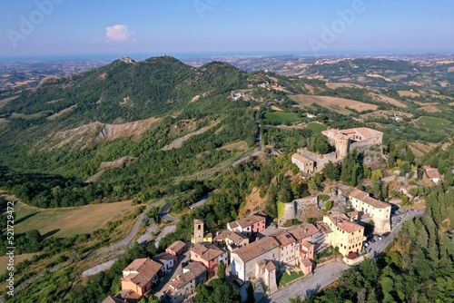 aerial view of Montebello village and his castle also named Azzurrina castle. Poggio Torriana, Emilia Romagna, Italy photo