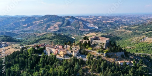 aerial view of Montebello village and his castle also named Azzurrina castle. Poggio Torriana, Emilia Romagna, Italy © DVisions