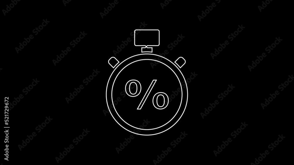 White line Stopwatch and percent icon isolated on black background. Time timer sign. 4K Video motion graphic animation White line Stopwatch and percent icon isolated on black background. Time timer sign. 4K Video motion graphic animation