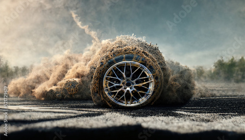 Drag racing, drift, rally, motocross, off-road and so on. Isolated tire tracks, the wheel dissolves into small particles, a beautiful background of sports rubber