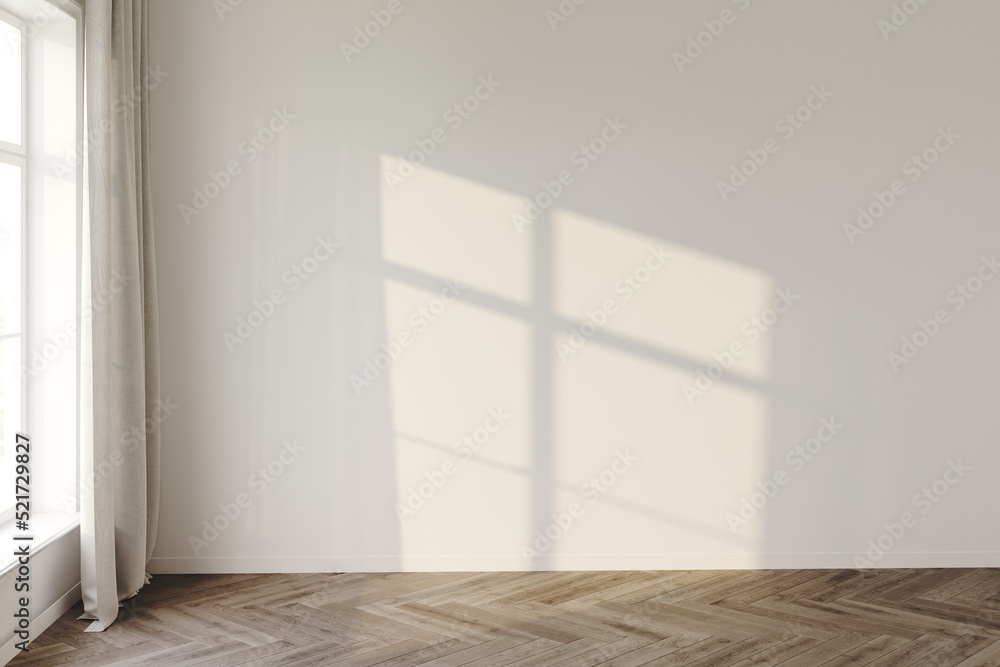 Fototapeta premium Empty room with wood parquet and a large window overlooking the garden, interior background and 3d render, light and shadow on the white wall 