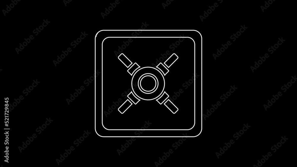 White line Safe icon isolated on black background. The door safe a bank vault with a combination lock. Reliable Data Protection. 4K Video motion graphic animation