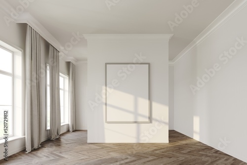 Empty white classic room with an archway for the entrance. Light and shadow on the white wall. Mockup for furniture or product presentation 