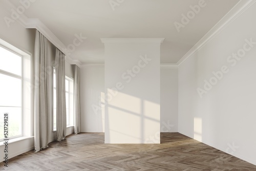 Empty room with wood parquet and a large window  interior background and 3d render  light and shadow on the white wall 