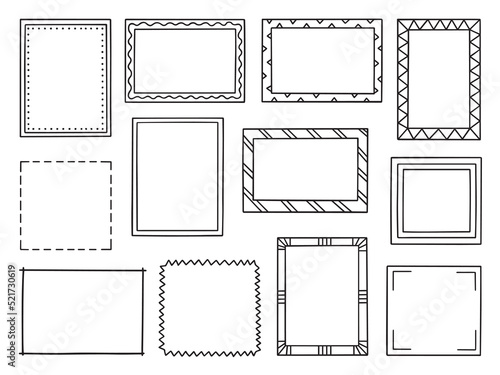 Hand drawn frame doodle. Square and rectangular Borders in sketch style. Vector illustration isolated on white background.