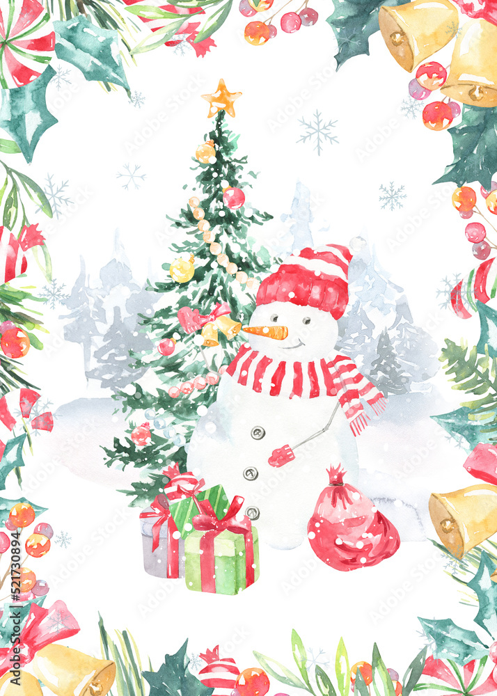 Obraz premium Watercolor winter forest,Christmas card illustration. Snowman Happy New Year characters, Christmas tree, snowflakes, floral frame,greenery, snowfall, presents,santa costume,Christmas Eve,greeting card