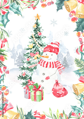 Watercolor winter forest,Christmas card illustration. Snowman Happy New Year characters, Christmas tree, snowflakes, floral frame,greenery, snowfall, presents,santa costume,Christmas Eve,greeting card