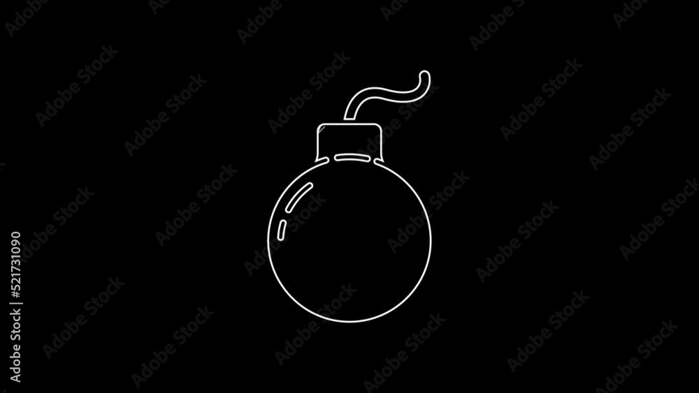 White line Bomb ready to explode icon isolated on black background. 4K Video motion graphic animation White line Bomb ready to explode icon isolated on black background. 4K Video motion graphic animation